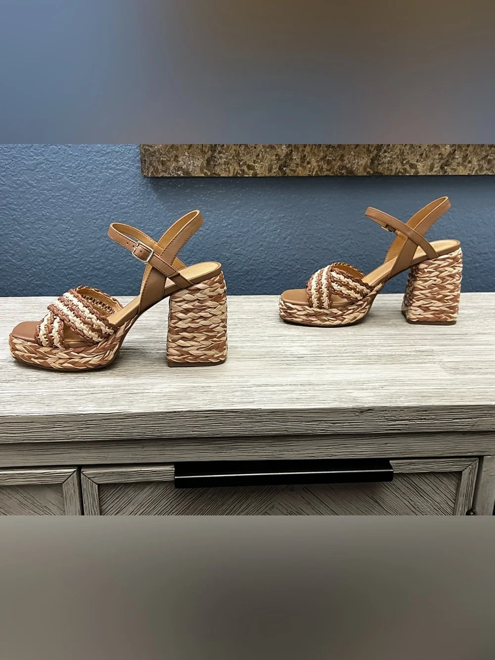 NEW!!! Marc Fisher Juliey Tan and Cream Braided Platform Sandals